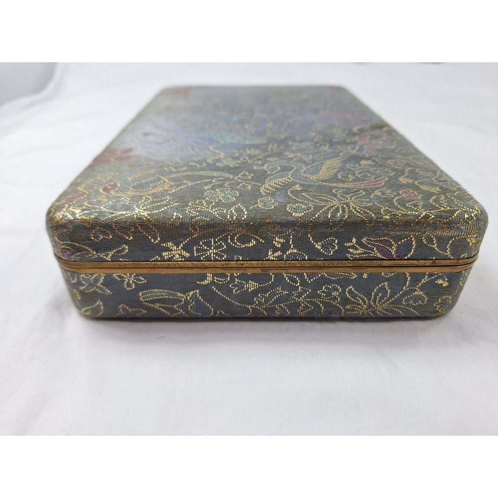 Vintage Blue Silk Brocade Jewelry Box Gold Floral Bird Pattern with Key - Picture 12 of 13